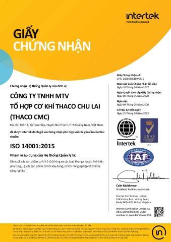 ISO 14001 - Tổ Hợp Sản Xuất & Gia Công Cơ Khí Thaco Chu Lai - Công Ty TNHH MTV Sản Xuất Khuôn Chu Lai - Trường Hải